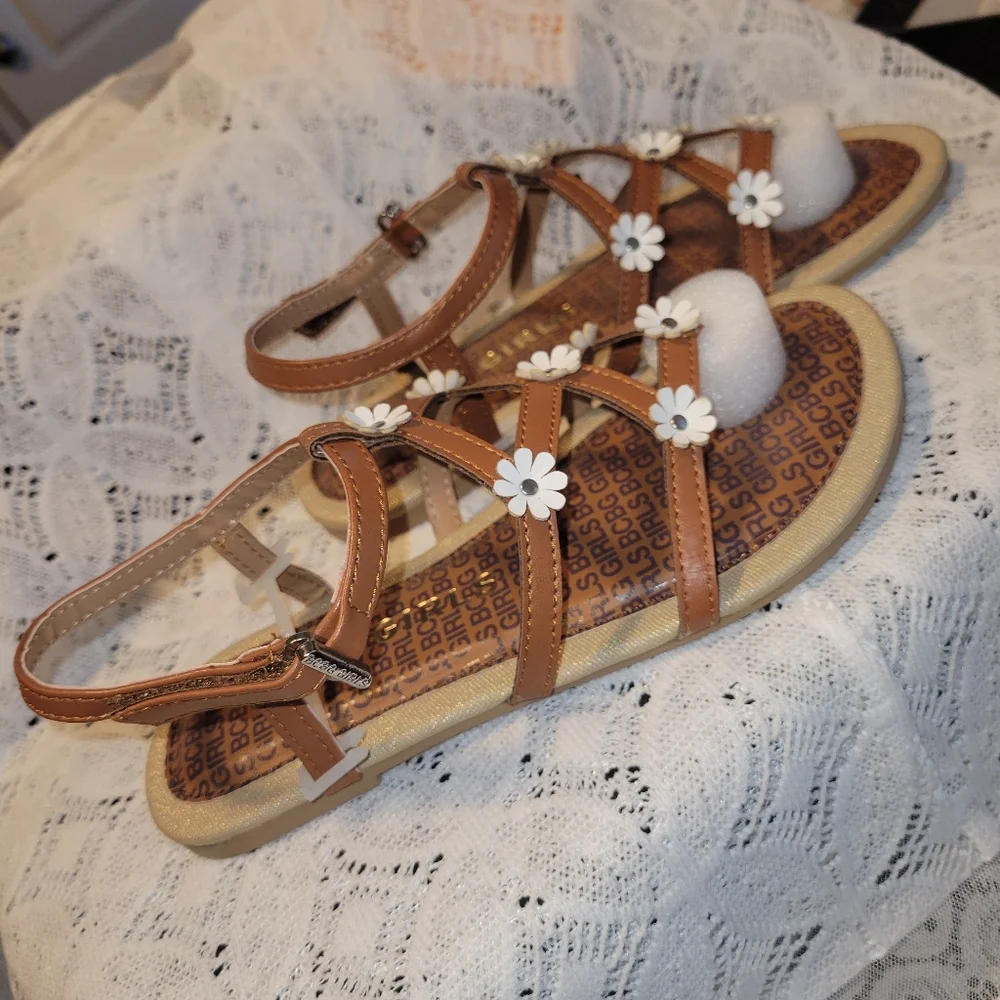 BCBG Girls Brown Sandals with White Floral Accents. New In Box
